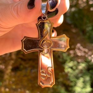 New Two Tone Silver & Gold Cross w/ Musical Notes